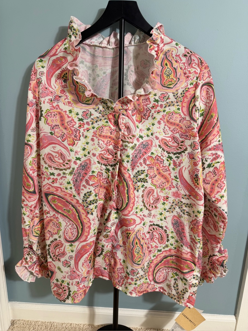 Paisley & Floral Long Sleeve Blouse with Ruffle V Neck White & Pink Size XL NWT
